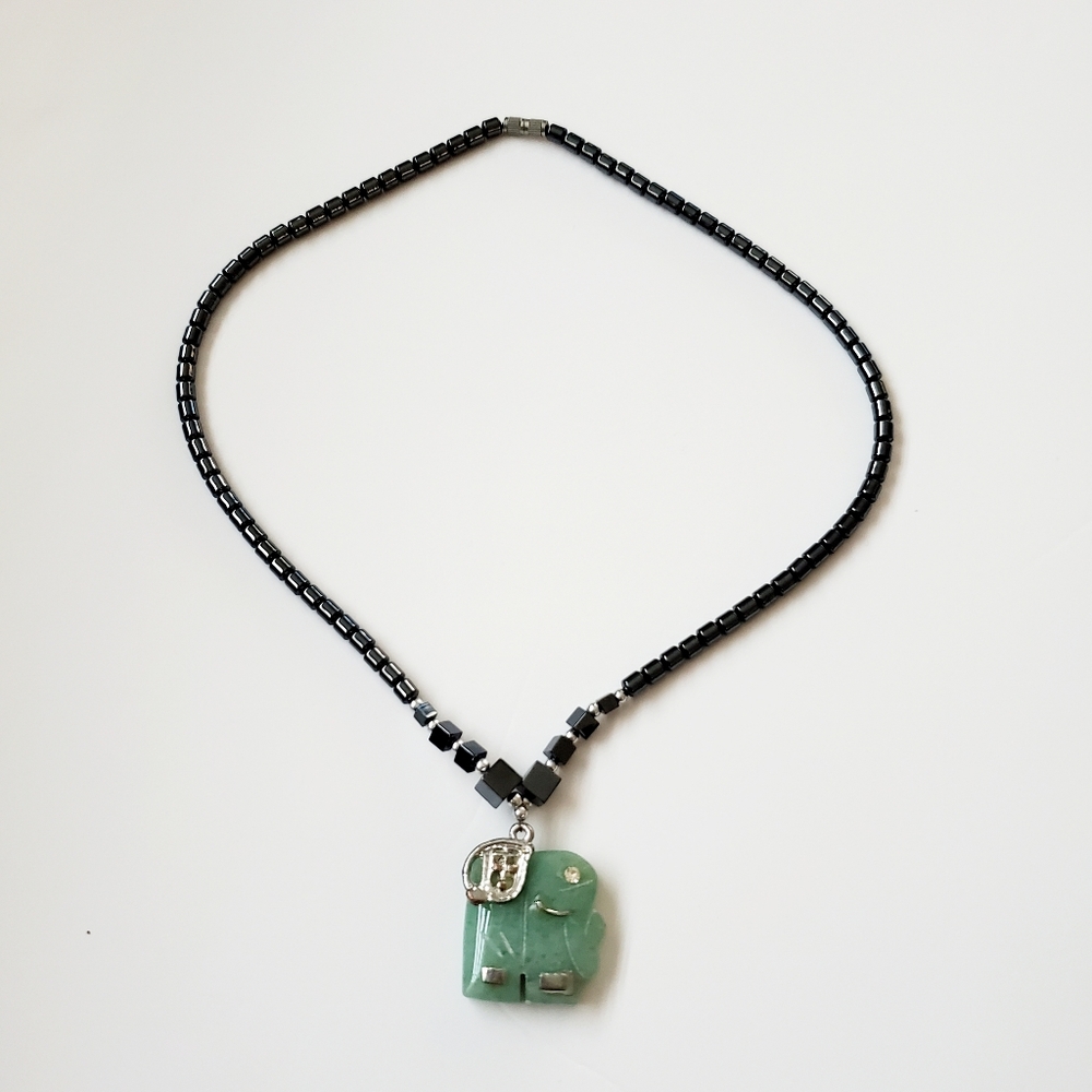 Hematite Beaded Necklace w/ Ornate Jade Elephant Pendant Silver Tone Lustrous